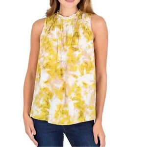 Joie Summer Porcelain Smocked Neck Sleeveless Blouse in Yellow/White Size M